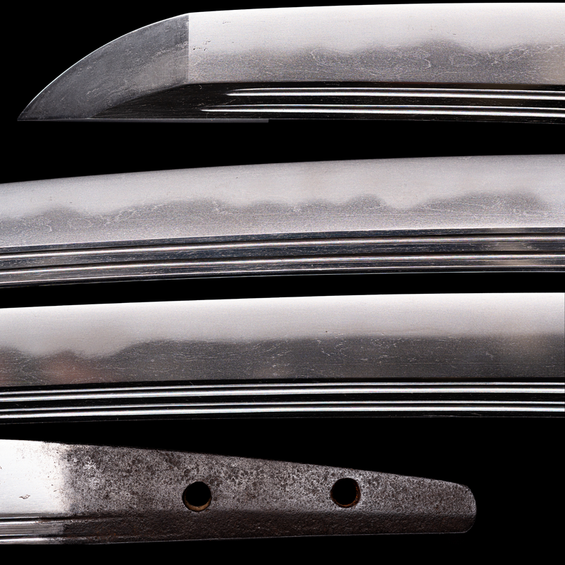 Antiek Japans zwaard Wakizashi Toranba Hamon met Kogatana &amp; Shakudō Tsuba